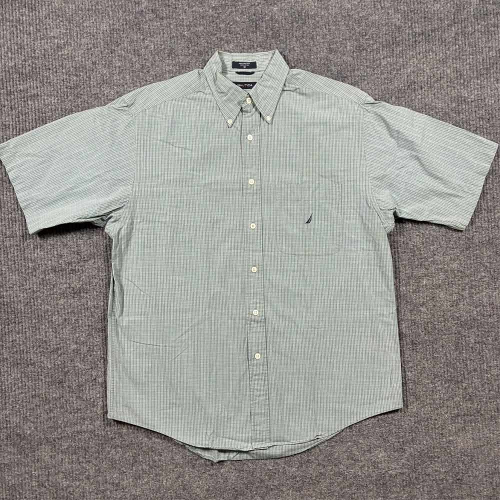 Nautica Mens Button Down Shirt Size M Green Plaid Cotton Casual Short Sleeve